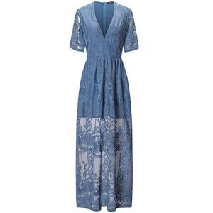 Light blue embroidered lace maxi romper